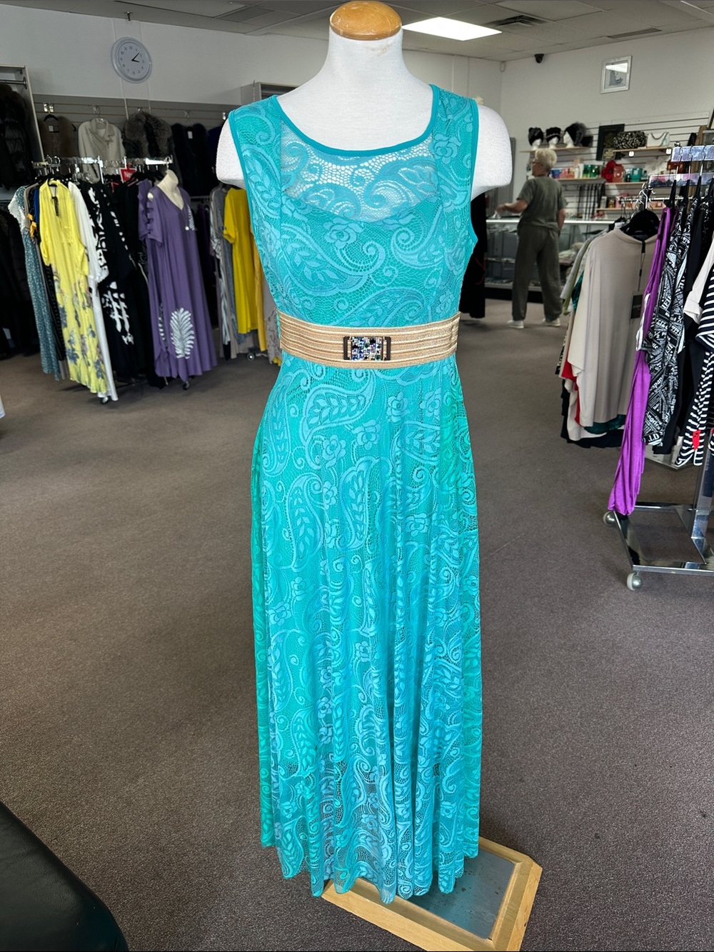 Sleeveless Teal Paisley Maxi Dress with Neutral Waist Belt